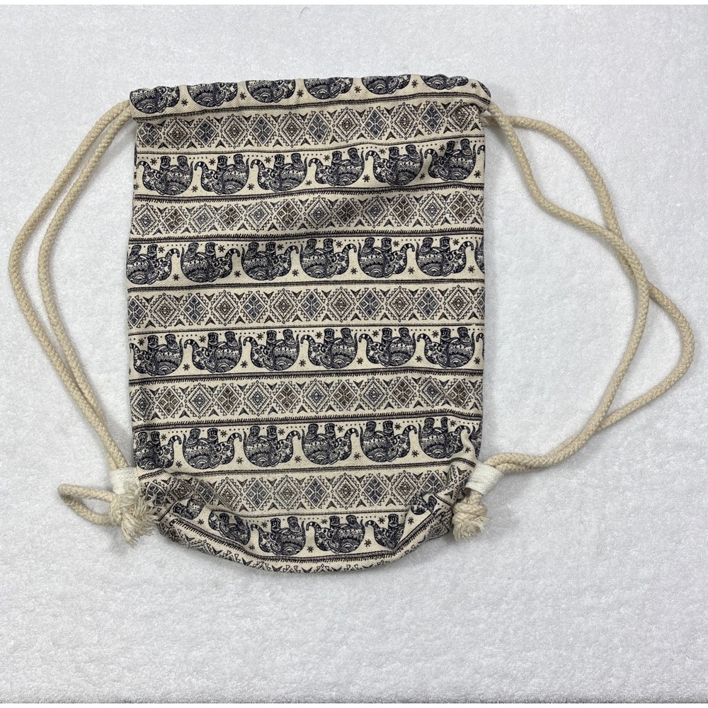 Thai Elephant Print Canvas Drawstring Backpack Bag Boho Cream Navy 15x12x3 - Picture 4 of 7